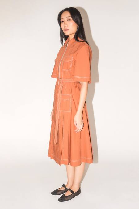 Shop Leh Studios Brown Cotton Buckles Collared Pleated Safari Dress Online at Aza Fashions Shop_Leh Studios_Brown Cotton Buckles Collared Pleated Safari Dress _Online_at_Aza_Fashions