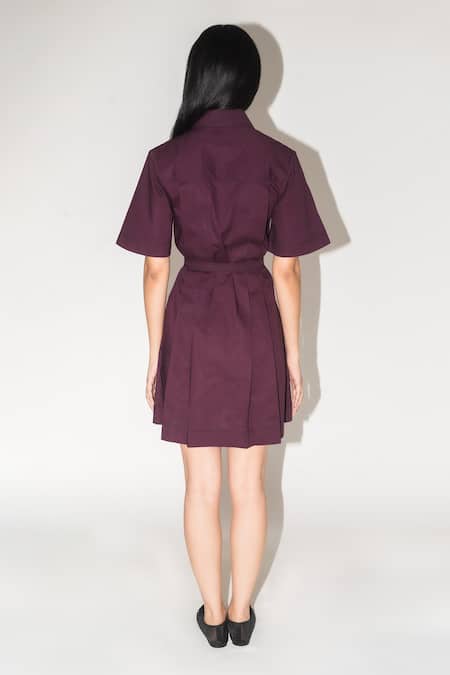 Shop Leh Studios Wine Cotton Collared Pleated Safari Mini Dress at Aza Fashions Shop_Leh Studios_Wine Cotton Collared Pleated Safari Mini Dress _at_Aza_Fashions