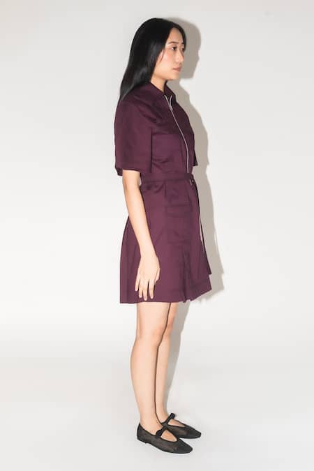 Leh Studios Wine Cotton Collared Pleated Safari Mini Dress Online at Aza Fashions Leh Studios_Wine Cotton Collared Pleated Safari Mini Dress _Online_at_Aza_Fashions