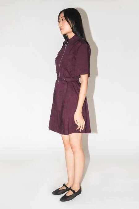 Buy Leh Studios Wine Cotton Collared Pleated Safari Mini Dress Online at Aza Fashions Buy_Leh Studios_Wine Cotton Collared Pleated Safari Mini Dress _Online_at_Aza_Fashions