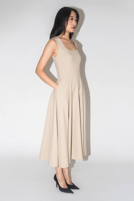 Buy Leh Studios Beige Viscose Scoop Neck Sleeveless Midi Dress Online at Aza Fashions Buy_Leh Studios_Beige Viscose Scoop Neck Sleeveless Midi Dress _Online_at_Aza_Fashions