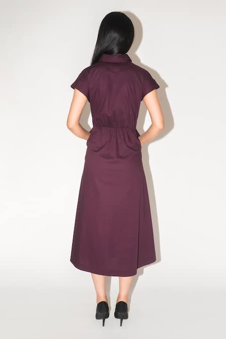 Leh Studios Wine Cotton Collared Twisted Draped Dress Online at Aza Fashions Leh Studios_Wine Cotton Collared Twisted Draped Dress _Online_at_Aza_Fashions