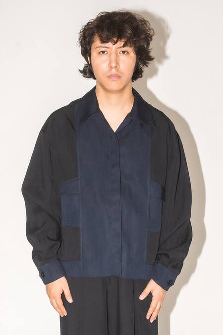 Shop Leh Studios Black Linen Silk Blend Cliff Color Blocked Flap Pocket Jacket Online at Aza Fashions Shop_Leh Studios_Black Linen Silk Blend Cliff Color Blocked Flap Pocket Jacket _Online_at_Aza_Fashions