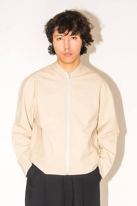 Buy_Leh Studios_Beige 100% Viscose Front Zip Bomber Jacket _Online_at_Aza_Fashions