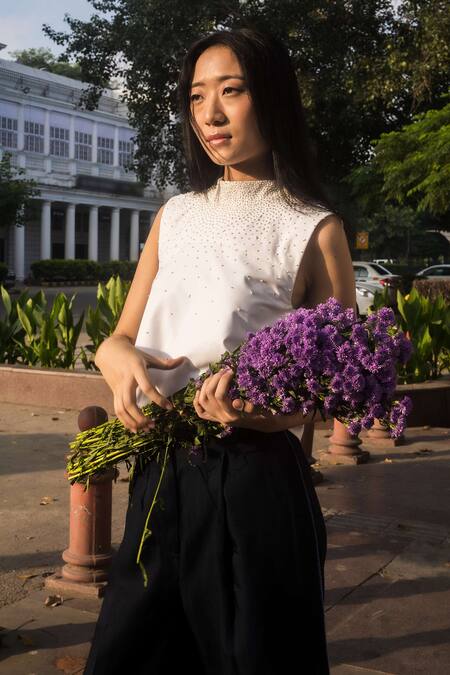 Shop Leh Studios White Viscose Beads Collared Athena Embellished Top Online at Aza Fashions Shop_Leh Studios_White Viscose Beads Collared Athena Embellished Top _Online_at_Aza_Fashions