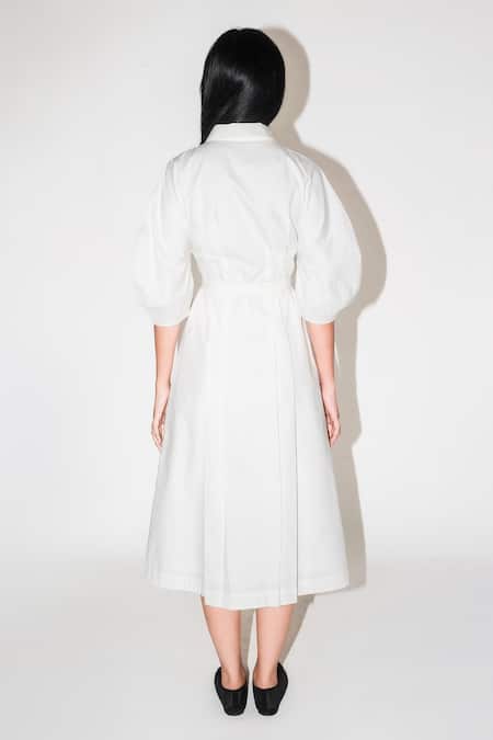 Shop Leh Studios White Cotton Collared Balloon Sculpture Dress at Aza Fashions Shop_Leh Studios_White Cotton Collared Balloon Sculpture Dress _at_Aza_Fashions