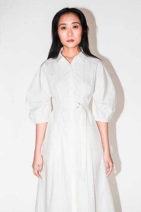 Leh Studios White Cotton Collared Balloon Sculpture Dress Online at Aza Fashions Leh Studios_White Cotton Collared Balloon Sculpture Dress _Online_at_Aza_Fashions