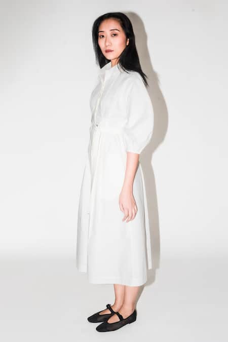 Shop Leh Studios White Cotton Collared Balloon Sculpture Dress Online at Aza Fashions Shop_Leh Studios_White Cotton Collared Balloon Sculpture Dress _Online_at_Aza_Fashions