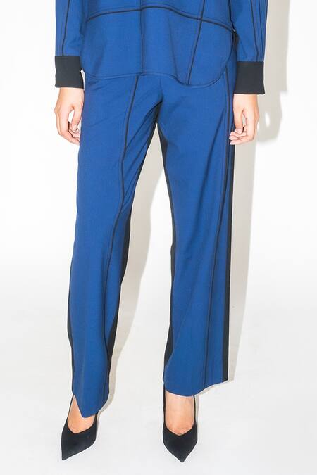 Leh Studios Blue Viscose Piping Colorblock Detail Pant Online at Aza Fashions Leh Studios_Blue Viscose Piping Colorblock Detail Pant _Online_at_Aza_Fashions