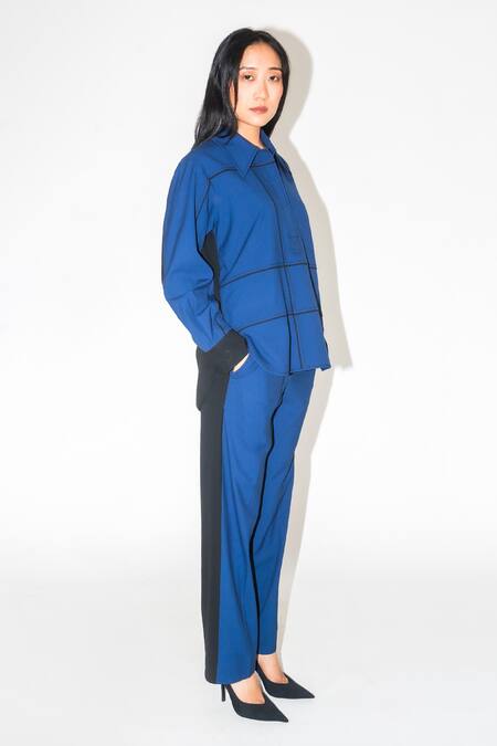 Buy Leh Studios Blue Viscose Piping Colorblock Detail Pant Online at Aza Fashions Buy_Leh Studios_Blue Viscose Piping Colorblock Detail Pant _Online_at_Aza_Fashions