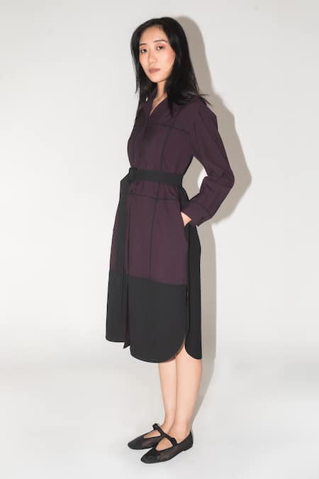 Shop Leh Studios Purple Viscose Bows Collared Broke Fence Colorblocked Dress Online at Aza Fashions Shop_Leh Studios_Purple Viscose Bows Collared Broke Fence Colorblocked Dress _Online_at_Aza_Fashions