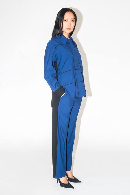 Buy Leh Studios Blue Viscose Collared Broken Fence Colorblocked Shirt Online at Aza Fashions Buy_Leh Studios_Blue Viscose Collared Broken Fence Colorblocked Shirt _Online_at_Aza_Fashions