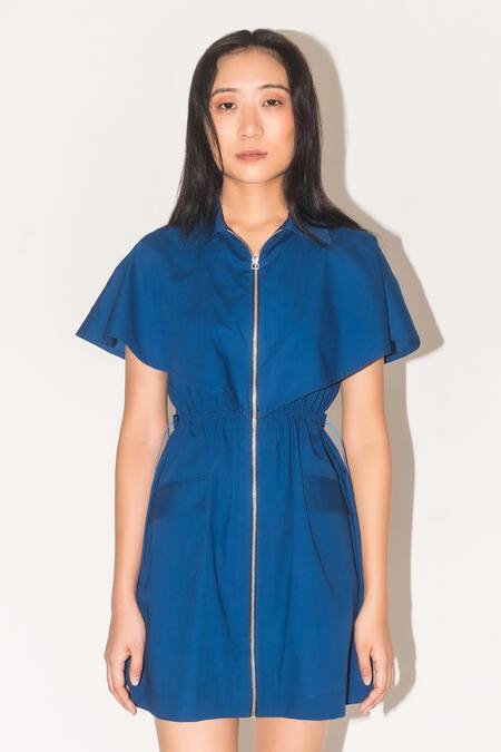 Leh Studios Blue Cotton Collared Capri Solid Short Dress Online at Aza Fashions Leh Studios_Blue Cotton Collared Capri Solid Short Dress _Online_at_Aza_Fashions