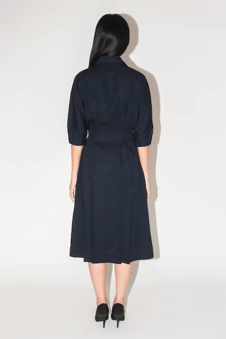 Shop Leh Studios Blue Linen Collared Clara Pleated Solid Dress at Aza Fashions Shop_Leh Studios_Blue Linen Collared Clara Pleated Solid Dress _at_Aza_Fashions