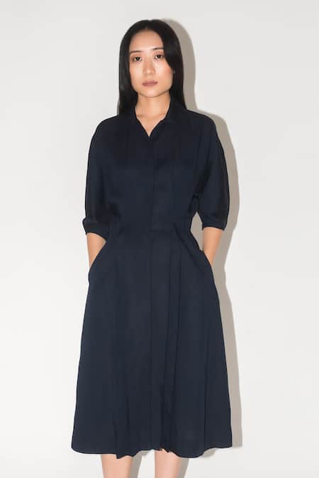Leh Studios Blue Linen Collared Clara Pleated Solid Dress Online at Aza Fashions Leh Studios_Blue Linen Collared Clara Pleated Solid Dress _Online_at_Aza_Fashions