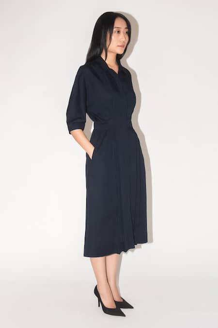 Buy Leh Studios Blue Linen Collared Clara Pleated Solid Dress Online at Aza Fashions Buy_Leh Studios_Blue Linen Collared Clara Pleated Solid Dress _Online_at_Aza_Fashions