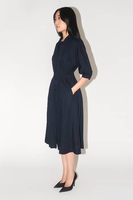 Shop Leh Studios Blue Linen Collared Clara Pleated Solid Dress Online at Aza Fashions Shop_Leh Studios_Blue Linen Collared Clara Pleated Solid Dress _Online_at_Aza_Fashions