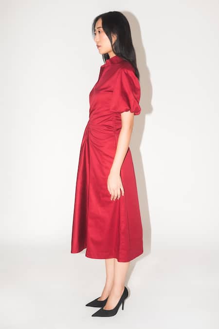 Shop Leh Studios Red Cotton Collared Ella Scrunch Gathered Side Dress Online at Aza Fashions Shop_Leh Studios_Red Cotton Collared Ella Scrunch Gathered Side Dress _Online_at_Aza_Fashions