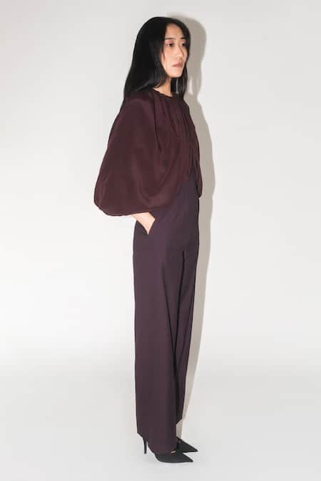 Leh Studios Purple Viscose, Silk High Neck Eve Pleated Waist Jumpsuit Online at Aza Fashions Leh Studios_Purple Viscose, Silk High Neck Eve Pleated Waist Jumpsuit _Online_at_Aza_Fashions