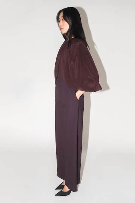 Buy Leh Studios Purple Viscose, Silk High Neck Eve Pleated Waist Jumpsuit Online at Aza Fashions Buy_Leh Studios_Purple Viscose, Silk High Neck Eve Pleated Waist Jumpsuit _Online_at_Aza_Fashions