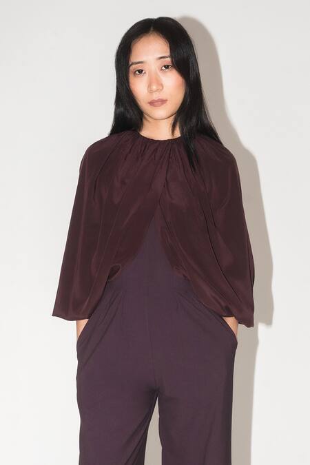 Shop Leh Studios Purple Viscose, Silk High Neck Eve Pleated Waist Jumpsuit Online at Aza Fashions Shop_Leh Studios_Purple Viscose, Silk High Neck Eve Pleated Waist Jumpsuit _Online_at_Aza_Fashions