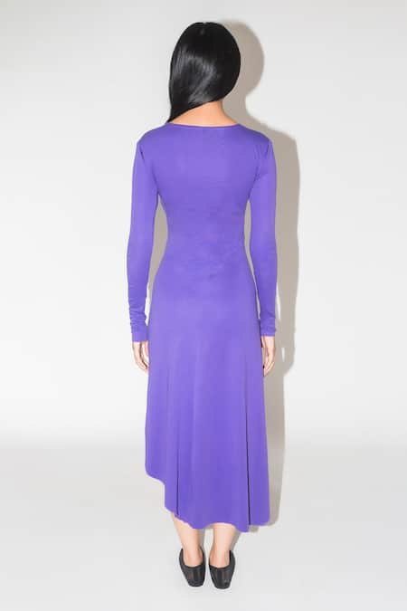 Shop Leh Studios Purple Cotton Round Neck Draped Asymmetric Midi Dress at Aza Fashions Shop_Leh Studios_Purple Cotton Round Neck Draped Asymmetric Midi Dress _at_Aza_Fashions