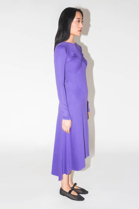 Leh Studios Purple Cotton Round Neck Draped Asymmetric Midi Dress Online at Aza Fashions Leh Studios_Purple Cotton Round Neck Draped Asymmetric Midi Dress _Online_at_Aza_Fashions