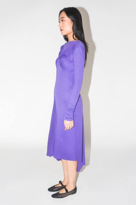 Buy Leh Studios Purple Cotton Round Neck Draped Asymmetric Midi Dress Online at Aza Fashions Buy_Leh Studios_Purple Cotton Round Neck Draped Asymmetric Midi Dress _Online_at_Aza_Fashions