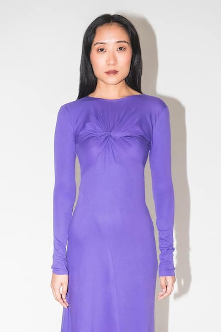 Shop Leh Studios Purple Cotton Round Neck Draped Asymmetric Midi Dress Online at Aza Fashions Shop_Leh Studios_Purple Cotton Round Neck Draped Asymmetric Midi Dress _Online_at_Aza_Fashions
