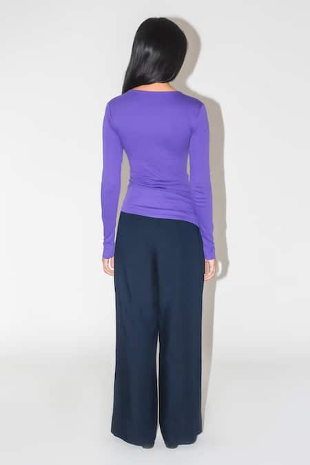 Shop Leh Studios Purple Viscose Round Neck Iris Draped Asymmetric Top at Aza Fashions Shop_Leh Studios_Purple Viscose Round Neck Iris Draped Asymmetric Top _at_Aza_Fashions