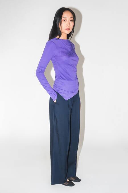 Leh Studios Purple Viscose Round Neck Iris Draped Asymmetric Top Online at Aza Fashions Leh Studios_Purple Viscose Round Neck Iris Draped Asymmetric Top _Online_at_Aza_Fashions