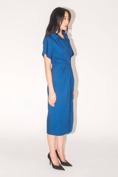 Shop Leh Studios Blue Cotton Collared Iris Draped Asymmetric Midi Dress Online at Aza Fashions Shop_Leh Studios_Blue Cotton Collared Iris Draped Asymmetric Midi Dress _Online_at_Aza_Fashions