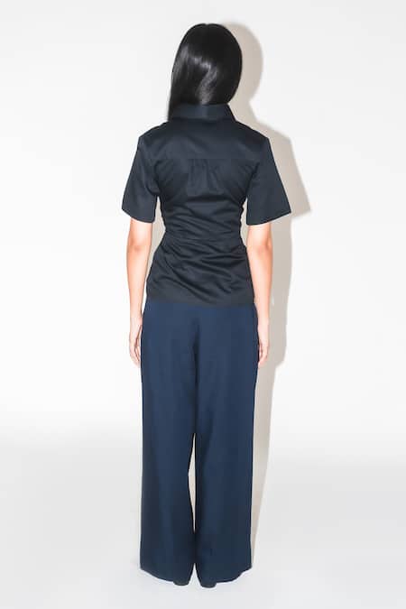 Shop Leh Studios Black Cotton Collared Isla Draped Top at Aza Fashions Shop_Leh Studios_Black Cotton Collared Isla Draped Top _at_Aza_Fashions