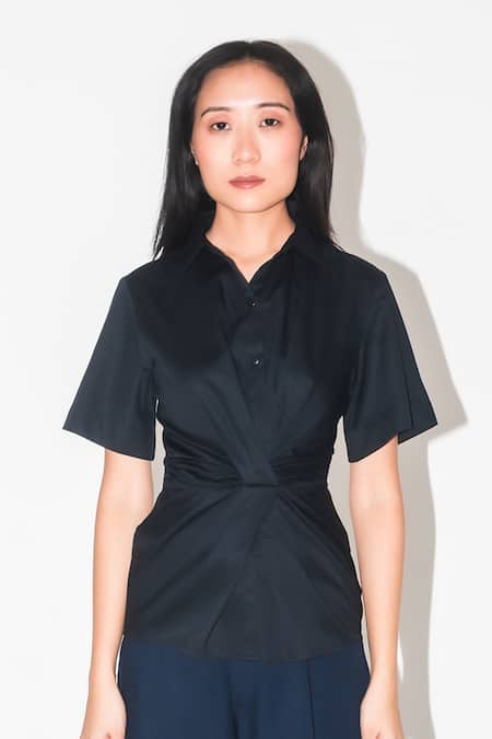 Leh Studios Black Cotton Collared Isla Draped Top Online at Aza Fashions Leh Studios_Black Cotton Collared Isla Draped Top _Online_at_Aza_Fashions