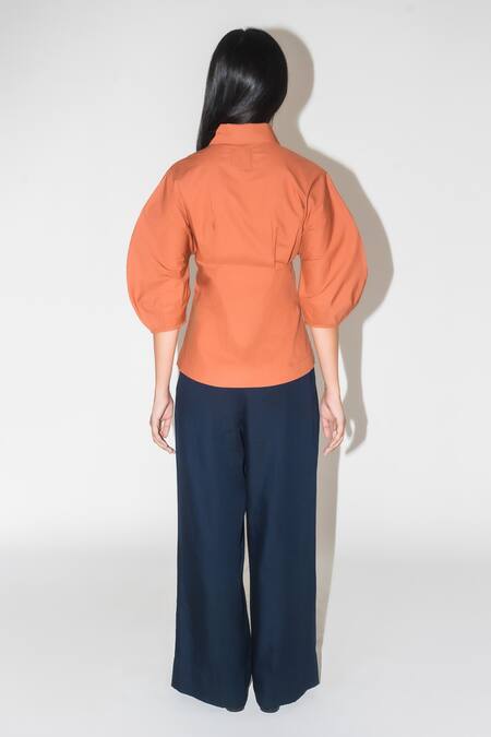 Shop Leh Studios Brown Cotton Collared Balloon Sleeve Top at Aza Fashions Shop_Leh Studios_Brown Cotton Collared Balloon Sleeve Top _at_Aza_Fashions