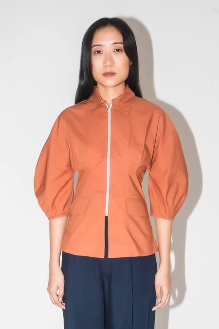 Leh Studios Brown Cotton Collared Balloon Sleeve Top Online at Aza Fashions Leh Studios_Brown Cotton Collared Balloon Sleeve Top _Online_at_Aza_Fashions