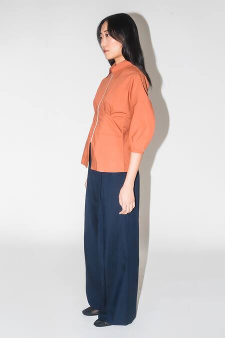 Shop Leh Studios Brown Cotton Collared Balloon Sleeve Top Online at Aza Fashions Shop_Leh Studios_Brown Cotton Collared Balloon Sleeve Top _Online_at_Aza_Fashions