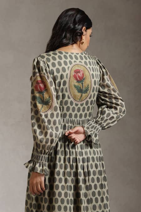 Raiman Brown Cotton Printed Thread Notched-v Rose Garden Maxi Dress Online at Aza Fashions Raiman_Brown Cotton Printed Thread Notched-v Rose Garden Maxi Dress _Online_at_Aza_Fashions