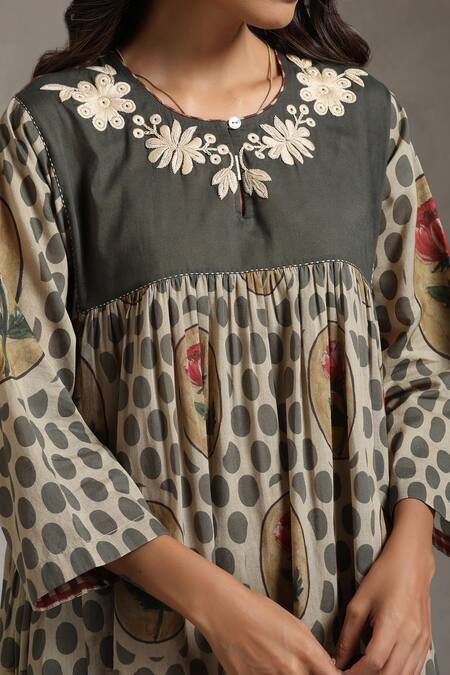 Shop_Raiman_Brown Cotton Embroidery Round Neck Rose Garden Print Tunic With Pant _Online_at_Aza_Fashions