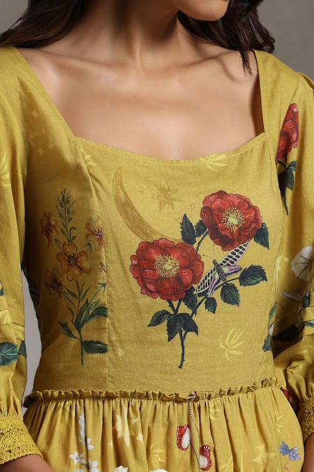 Shop_Raiman_Yellow Cotton Printed Flora And Fauna Square Celeste Maxi Dress _Online_at_Aza_Fashions