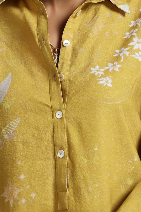 Shop_Raiman_Yellow Cotton Collared Enchanted Garden Print Kurta With Pant _Online_at_Aza_Fashions