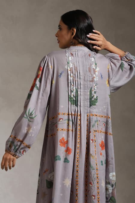 Raiman_Purple Cotton Printed Floral Closed Round Botanical Pleat Dress _Online_at_Aza_Fashions