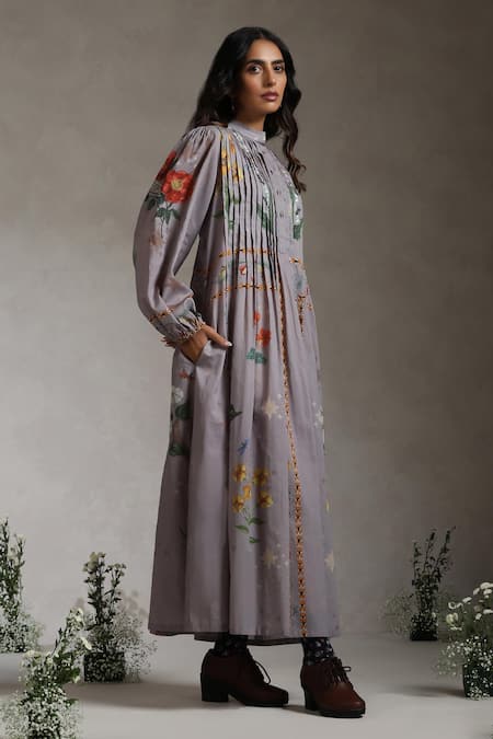 Shop_Raiman_Purple Cotton Printed Floral Closed Round Botanical Pleat Dress _Online_at_Aza_Fashions