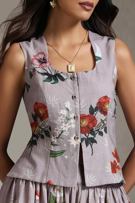 Raiman_Purple Cotton Embroidery Round Neck Botanical Print Vest With Skirt _Online_at_Aza_Fashions