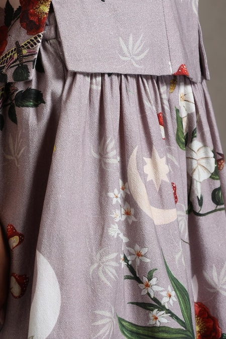 Buy_Raiman_Purple Cotton Embroidery Round Neck Botanical Print Vest With Skirt _Online_at_Aza_Fashions