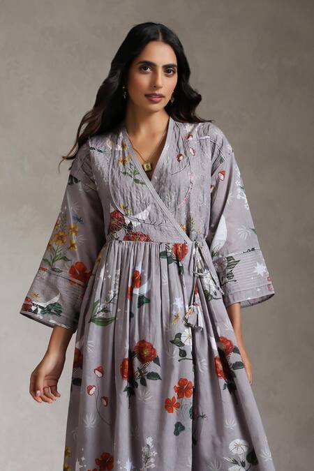 Buy_Raiman_Blue Cotton Embroidery V-neck Luna Floral Print Wrap Dress _Online_at_Aza_Fashions