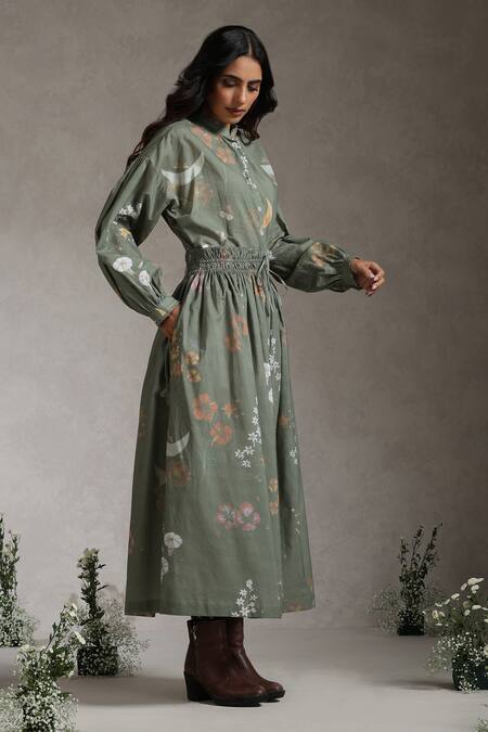 Raiman Green Cotton Embroidery Mandarin Collar Enchanted Garden Print Shirt With Skirt Online at Aza Fashions Raiman_Green Cotton Embroidery Mandarin Collar Enchanted Garden Print Shirt With Skirt _Online_at_Aza_Fashions