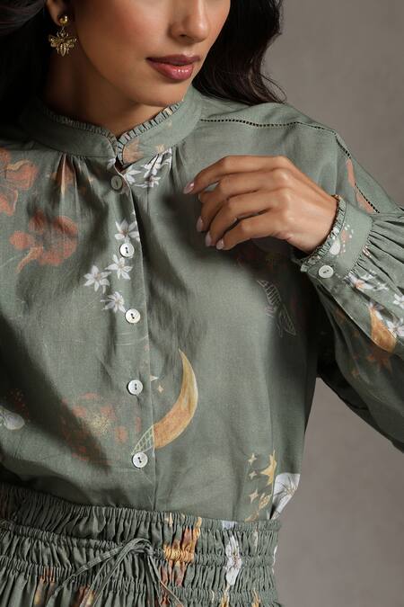 Shop Raiman Green Cotton Embroidery Mandarin Collar Enchanted Garden Print Shirt With Skirt Online at Aza Fashions Shop_Raiman_Green Cotton Embroidery Mandarin Collar Enchanted Garden Print Shirt With Skirt _Online_at_Aza_Fashions