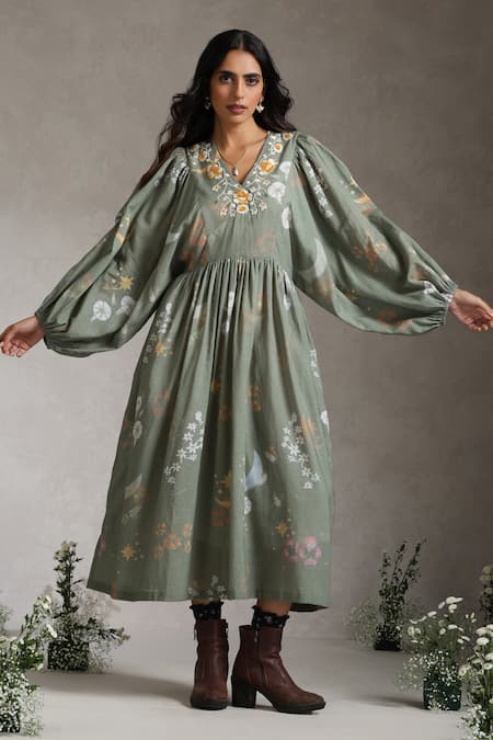 Raiman Green Cotton Printed Floral V-neck Noorah Embroidered Midi Dress 