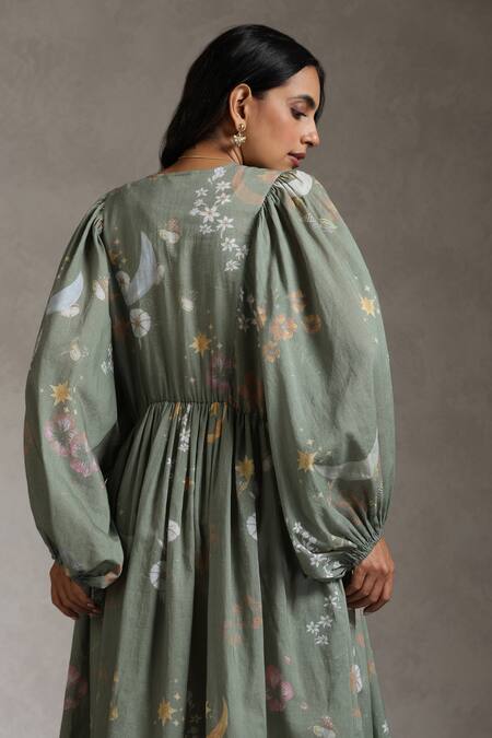 Shop_Raiman_Green Cotton Embroidery V-neck Noorah Floral Midi Dress _Online_at_Aza_Fashions